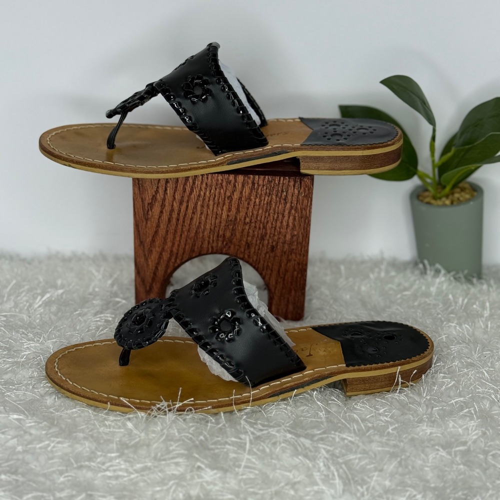 Jack Rogers Classic Jacks‎ Black Leather Thong Sandals Women Size 7 W